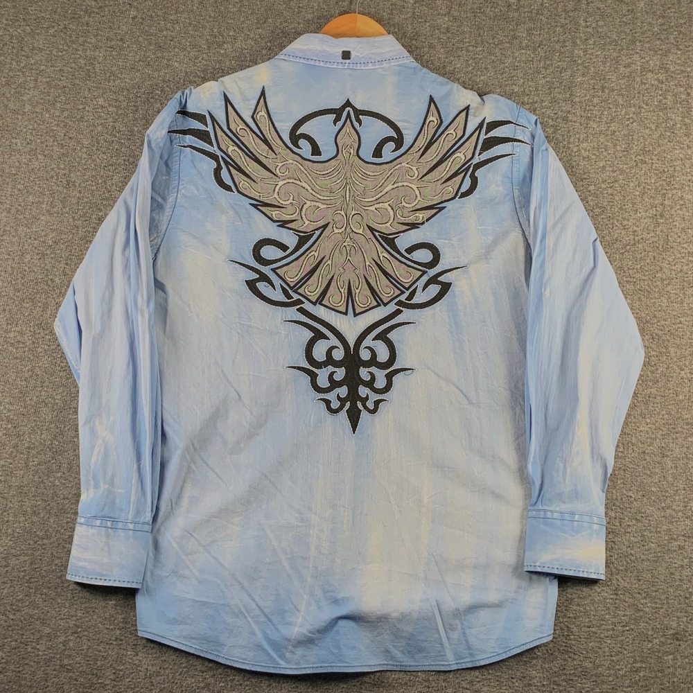 Roar Shirt Men Large Blue Eagle Cross Embroidered Y2K Gothic Biker Sacred II